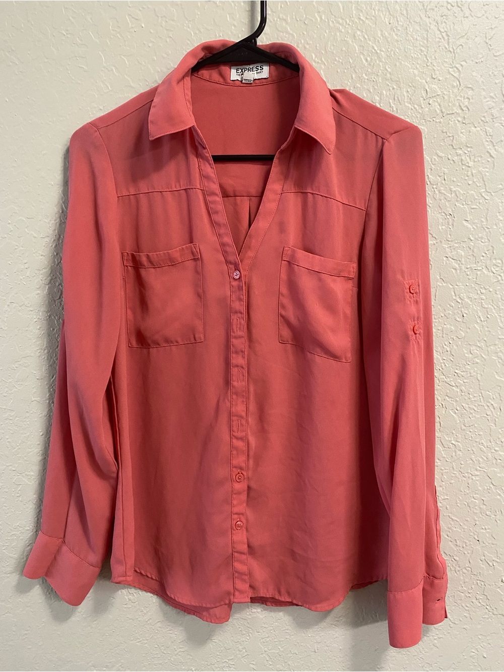 Express Coral Button-Front Pocket Blouse